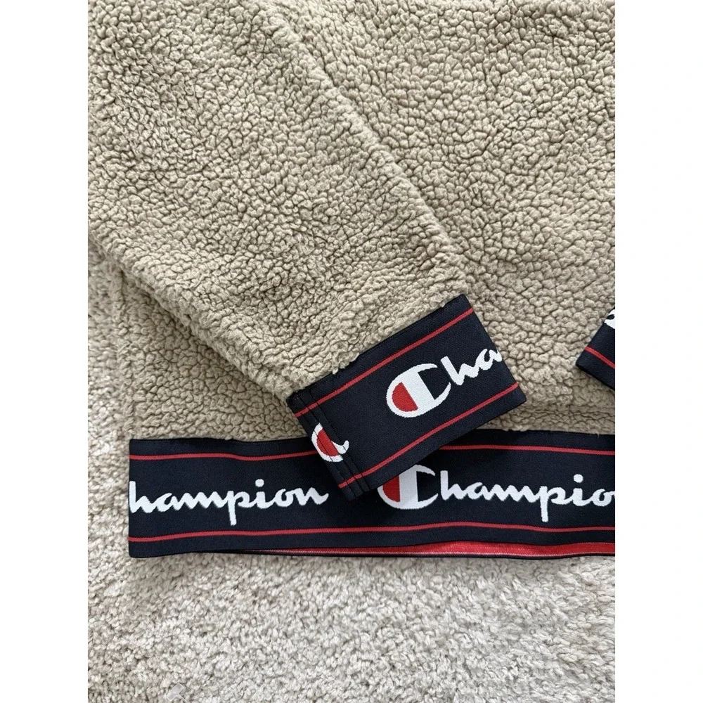 Champion Sherpa Fleece Hoodie Big C Logo 1/4 Zip Pullover Tan Beige Size Small
